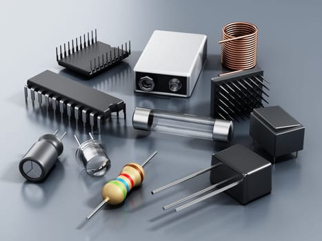 Spare electronic parts isolated on gray background. 3D illustration.