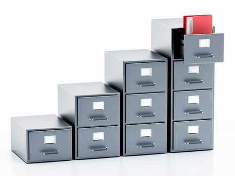 Rising file cabinets isolated on white background. 3D illustration.