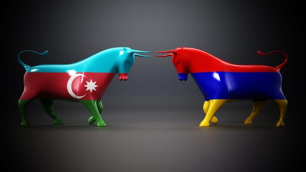 Bulls with Azerbaijan and Armenia flags facing each other on dark background. 3D illustration.