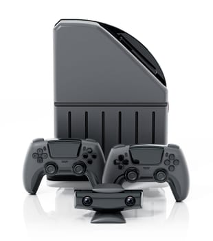 Generic video game console, controllers and camera isolated on white background. 3D illustration.