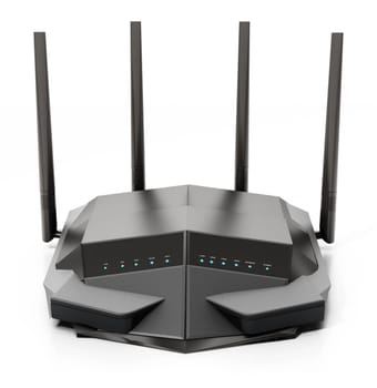 High speed wireless wi-fi black router, modem or range extender with six antennas isolated on white. 3D illustration.