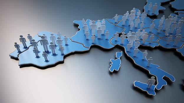 3D little people standing on the map of Europe. 3D illustration.