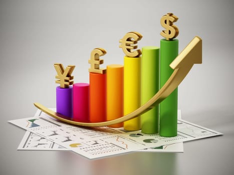 Rising arrow and chart with dollar, euro, pound and yen symbols. 3D illustration.
