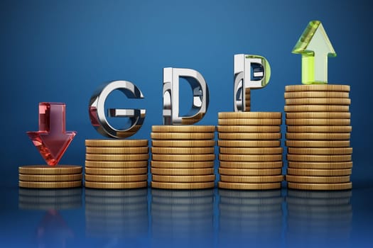 GDP word, rising and falling arrows and coins. Gross domestic product concept. 3D illustration.