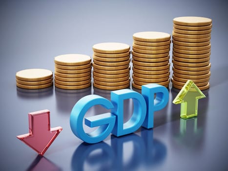 GDP word, rising and falling arrows and coins. Gross domestic product concept. 3D illustration.