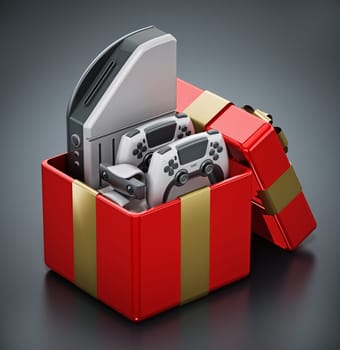 Generic video game console and controllers inside giftbox. 3D illustration.
