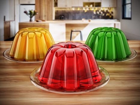 Jelly in the plate standing on the kitchen table. 3D illustration.