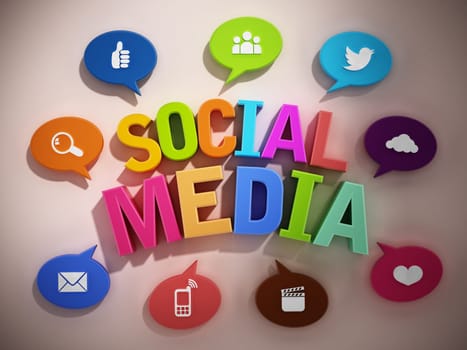 Speech balloons with technology icons around social media text. 3D illustration.