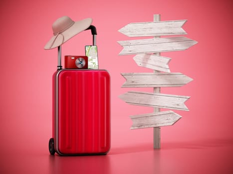 Travel suitcase, hat, smartphone and camera standing next to blank direction signs.