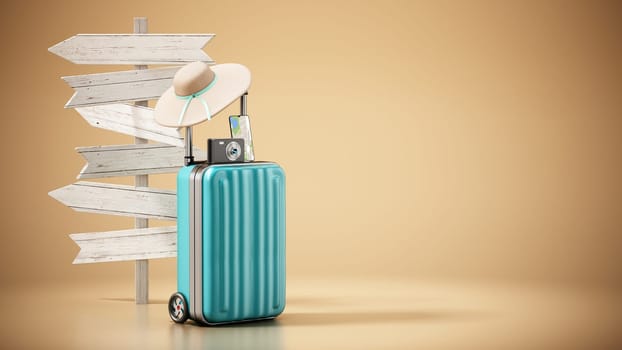 Travel suitcase, hat, smartphone and camera standing next to blank direction signs.