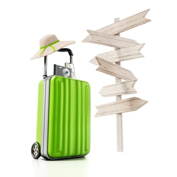 Travel suitcase, hat, smartphone and camera standing next to blank direction signs.