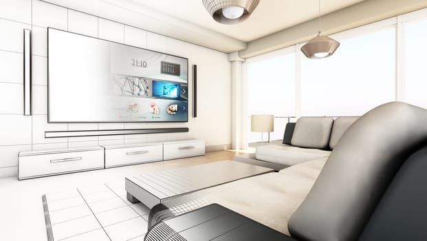 Modern living room half wireframe half standard rendering. 3D illustration.