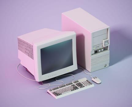 Vintage PC standing on gray background. 3D illustration.