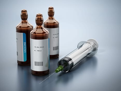 Generic Covid-19 vaccines and syringe. 3D illustration.