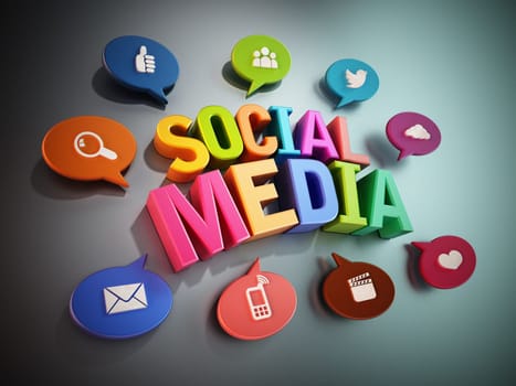 Speech balloons with technology icons around social media text. 3D illustration.