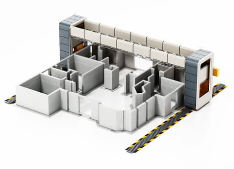 Giant 3D printer and 3D printed house exterior. 3D illustration.