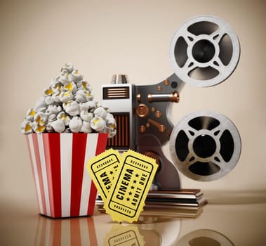Vintage movie projector popcorn, cinema tickets. 3D illustration.