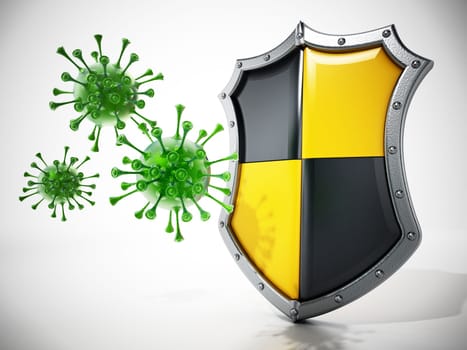 Green viruses and shield isolated on white background. 3D illustration.