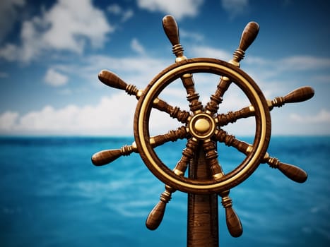 Ship wheel against blue sea and sky. 3D illustration.