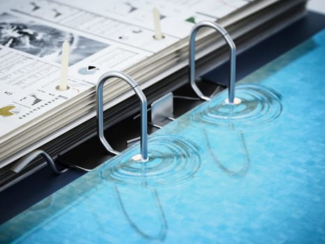 Document folder mechanism illustrated as swimming pool ladder. Business and vacations concept. 3D illustration.