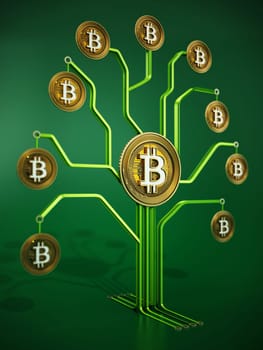 Fictitious crypto coins hanging on PCB tree branchs. 3D illustration.