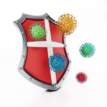 Colored viruses and shield isolated on white background. 3D illustration.
