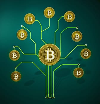 Fictitious crypto coins hanging on PCB tree branchs. 3D illustration.