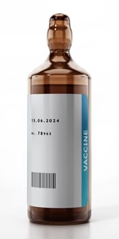 Generic Covid-19 vaccine in glass bottle. 3D illustration.