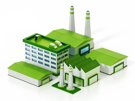 Eco friendly factory compound isolated on white background. 3D illustration.