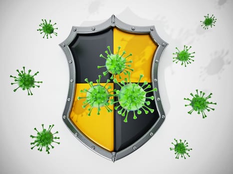 Green viruses and shield isolated on white background. 3D illustration.
