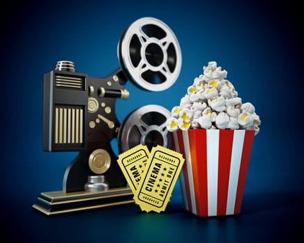 Vintage movie projector, popcorn, cinema tickets. 3D illustration.