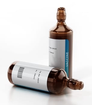 Generic Covid-19 vaccine in glass bottles. 3D illustration.