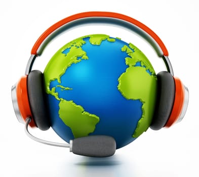3D globe with headphones and microphone isolated on white background. 3D illustration.