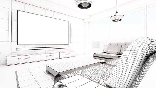 Modern living room wireframe rendering. 3D illustration.