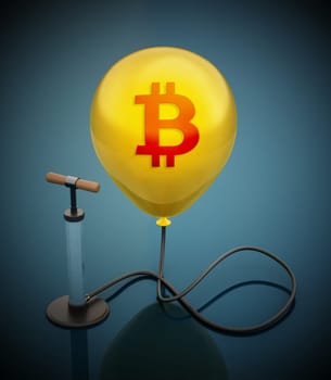 Manual hand pump connected to the inflated yellow balloon with Bitcoin icon. 3D illustration.