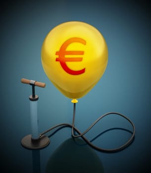 Manual hand pump connected to the inflated yellow balloon with Euro icon. 3D illustration.