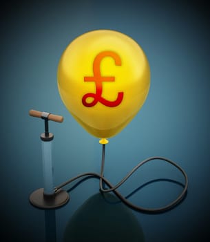 Manual hand pump connected to the inflated yellow balloon with Pound icon. 3D illustration.