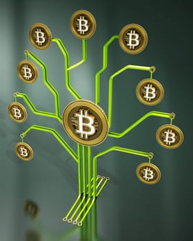 Fictitious crypto coins hanging on PCB tree branchs. 3D illustration.