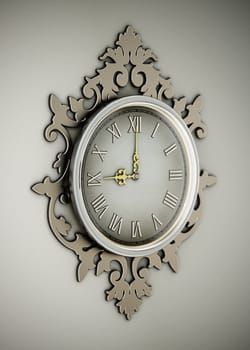 Vintage wall clock hanging on the wall. 3D illustration.