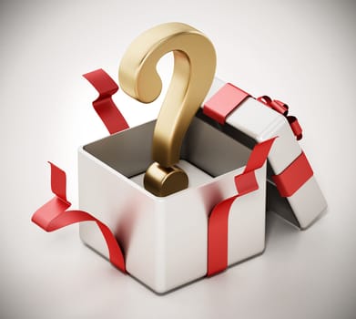 Gold question mark inside open giftbox. 3D illustration.