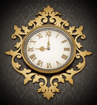 Vintage wall clock hanging on the wall. 3D illustration.