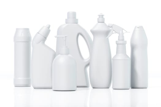 Blank cleaning product packages isolated on white background. 3D illustration.