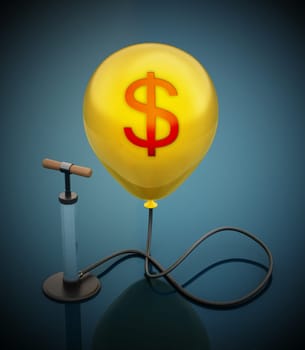 Manual hand pump connected to the inflated yellow balloon with Dollar icon. 3D illustration.