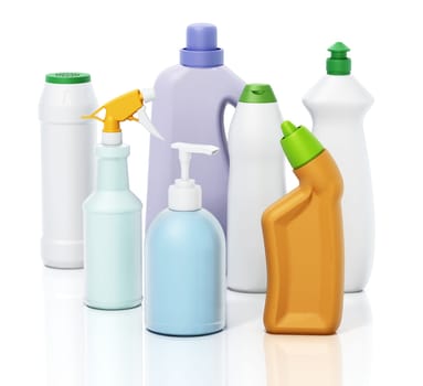 Blank cleaning product packages isolated on white background. 3D illustration.