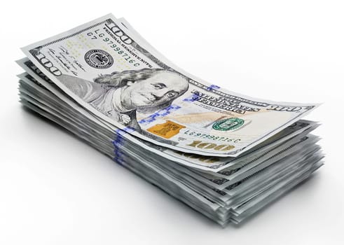 Stack of 100 dollar bills isolated on white background. 3D illustration.