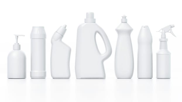 Blank cleaning product packages isolated on white background. 3D illustration.