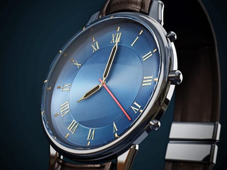 Classic men's watch detail on dark background. 3D illustration.