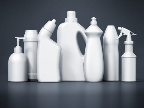 Blank cleaning product packages isolated on black background. 3D illustration.