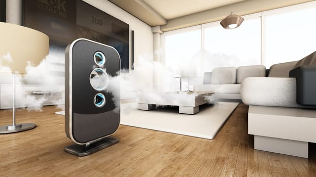 Air purifier cleans the air inside the living room. 3D illustration.