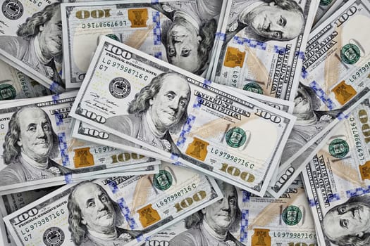 Stack of scattered 100 dollar bills. 3D illustration.